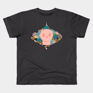 Whimsical Floral Skulls: Pink and Blue with Delicate Vines Kids T-Shirt